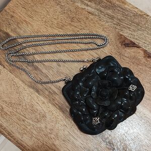 Brighton Rosalie Black Leather Crossbody Flower Coin Kisslock Purse Chain Strap
